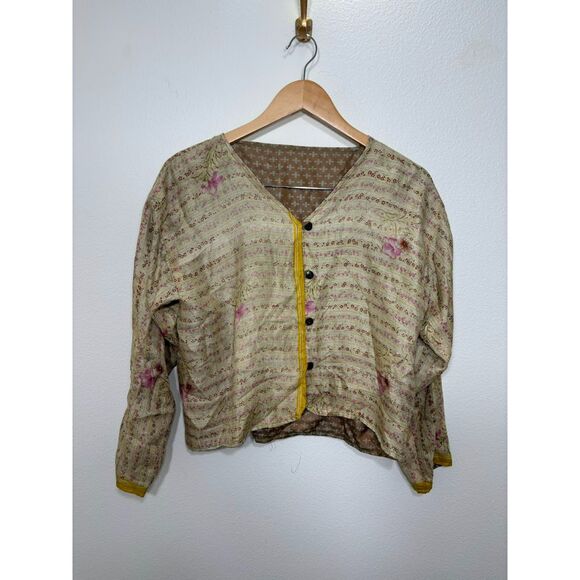 Vintage Blouse Women's Medium Brown Blue Green Silk Reversible Top Button Front - Picture 3 of 8